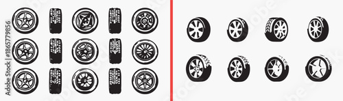 wheel icons set, tire vector illustrations, car wheel symbols, automotive parts icons, vehicle tire graphics, transport wheel pack, auto service icons, mechanical round elements, car accessory symbols