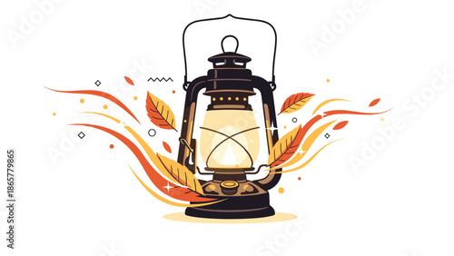 classic vintage oil lantern glows warmly while surrounded by swirling autumn leaves and golden light paths, creating a cozy fall vibe.