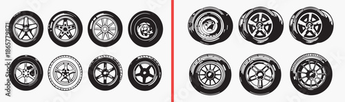 wheel icons set, tire vector illustrations, car wheel symbols, automotive parts icons, vehicle tire graphics, transport wheel pack, auto service icons, mechanical round elements, car accessory symbols