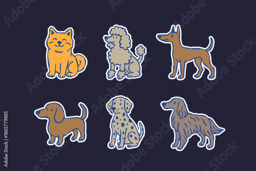 Set of funny domestic pets in retro doodle style. Sticker cartoon animals cats, dogs, puppies, kittens. Vector Illustration in funky hand drawn style, trendy design template