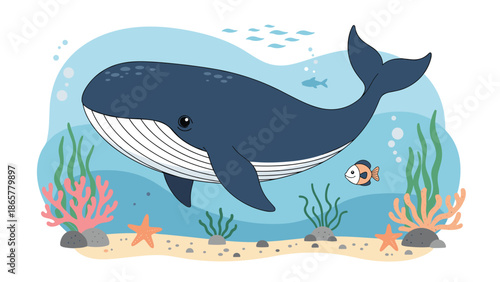 magnificent blue whale swimming gracefully in the ocean among coral reefs and small fish, showcasing marine life and underwater beauty.