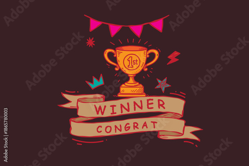 Cartoon cups prizes doodle hand drawn style, winner award in retro 90s. vector colorful vintage trophies with ribbon, first place award. Competition ceremony design illustration