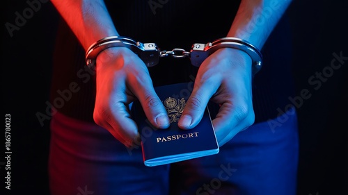 Arrested criminal hands with handcuffs holding passport
