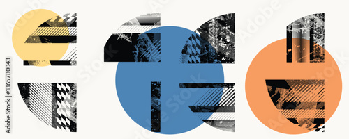 Glitch distorted circles . Noise destroyed logo . Trendy defect error shapes . Glitched frame .Grunge textured . Distressed effect .Vector shapes with a halftone dots screen print texture. 