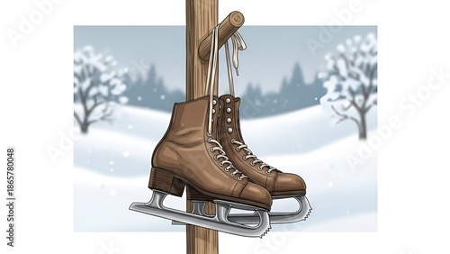 Brown Ice Skates Hanging on Fence Post