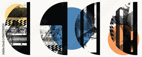 Glitch distorted circles . Noise destroyed logo . Trendy defect error shapes . Glitched frame .Grunge textured . Distressed effect .Vector shapes with a halftone dots screen print texture. 