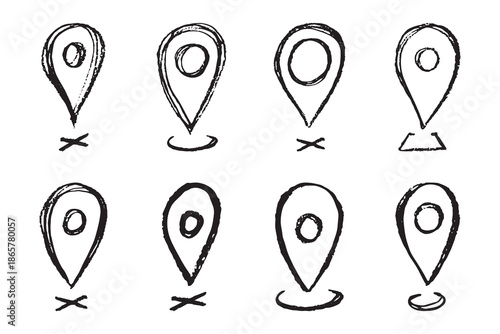 Set of hand drawn map pin Map marker pointer sign GPS and mapping tools Location pin symbol Pinpoint clipart in doodle style Single element for web, design