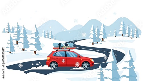 Red Car on Snowy Road
