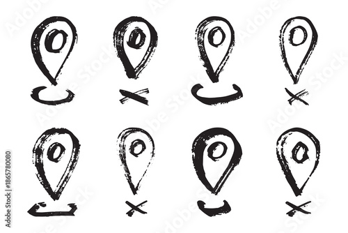 Set of hand drawn map pin Map marker pointer sign GPS and mapping tools Location pin symbol Pinpoint clipart in doodle style Single element for web, design