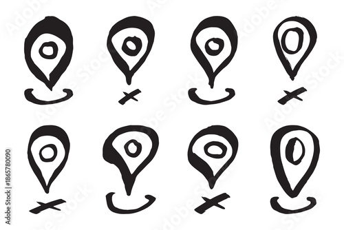 Set of hand drawn map pin Map marker pointer sign GPS and mapping tools Location pin symbol Pinpoint clipart in doodle style Single element for web, design