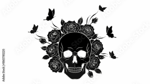 Darkly romantic skull adorned with black roses and fluttering butterflies