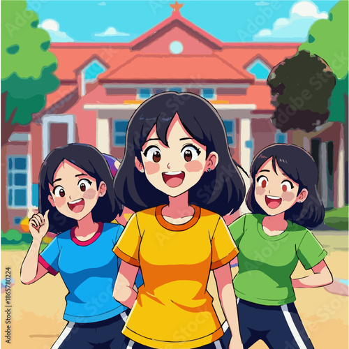 Children playing together cheerful neighborhood scene