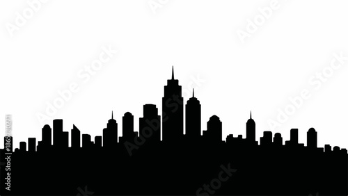 Modern city skyline silhouette against a bright white background, representing urban development and architectural diversity.