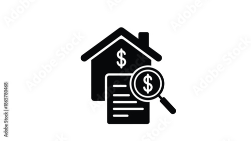 House with dollar signs and magnifying glass financial property assessment symbol