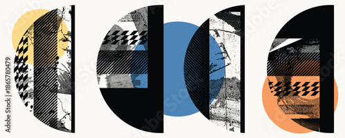 Glitch distorted circles . Noise destroyed logo . Trendy defect error shapes . Glitched frame .Grunge textured . Distressed effect .Vector shapes with a halftone dots screen print texture. 