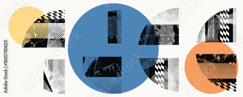 Glitch distorted circles . Noise destroyed logo . Trendy defect error shapes . Glitched frame .Grunge textured . Distressed effect .Vector shapes with a halftone dots screen print texture. 