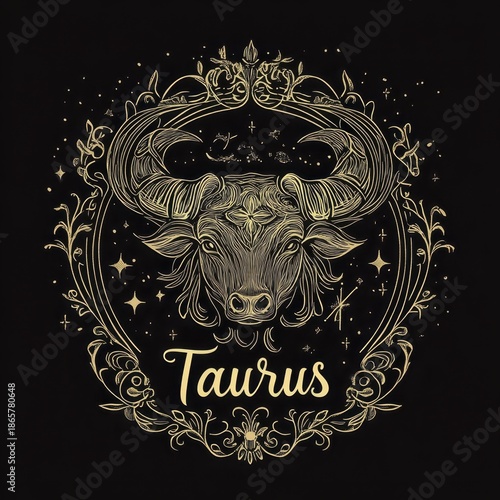 Intricate golden Taurus zodiac design with ornate details and celestial motifs