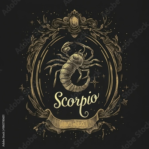 Vintage Scorpio zodiac sign design with ornate gold elements on black background