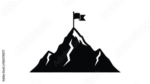A simple black silhouette of a mountain peak with a flag on top