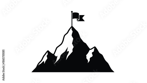A silhouette of a mountain peak with a waving flag on top