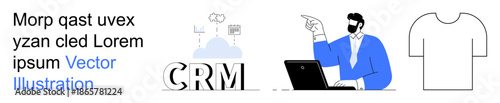 Customer relationship management, cloud computing, team collaboration, marketing tools, business strategy, tech solutions. CRM letters, man working on laptop cloud icons. CRM and cloud computing