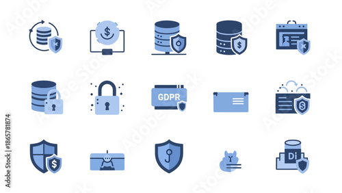 Data Security and Financial Protection Icon Set with Database Protection, GDPR Compliance, and Secure Transactions Flat Vector