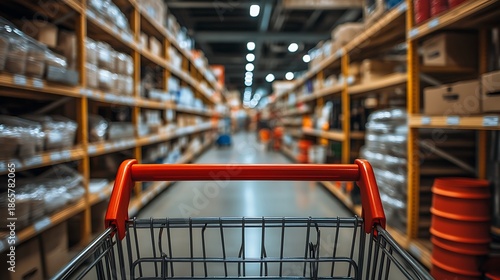 Customer perspective from a shopping cart in a large warehouse