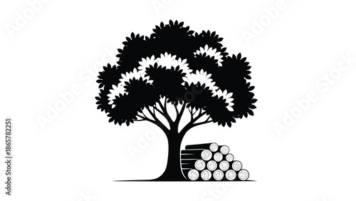 A stylized black and white illustration of a tree with stacked logs below