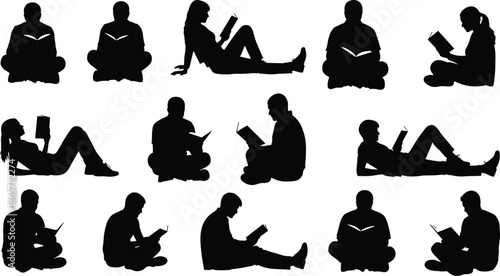 Twelve silhouettes of people reading books in seated and reclining positions, highlighting leisure, education, relaxation, and diverse lifestyle engagement
