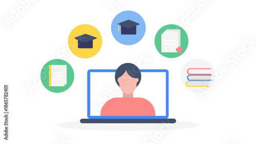 Illustration of online learning with a person on a laptop surrounded by educational icons and materials
