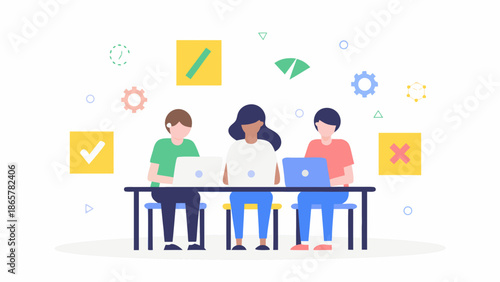Illustration of three people sitting at a desk working on laptops surrounded by icons and shapes