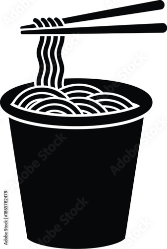 Noodles drawing cups with chopsticks icon vector illustration silhouette. Bowl of instant noodles in a cup being lifted by chopsticks