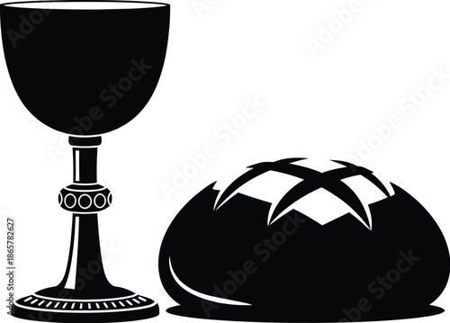Chalice and bread, Christian sacrament of the Eucharist,  Holy Communion. Lord's evening meal bread and wine vector illustration silhouette.  