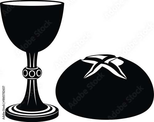 Chalice and bread, Christian sacrament of the Eucharist,  Holy Communion. Lord's evening meal bread and wine vector illustration silhouette.  