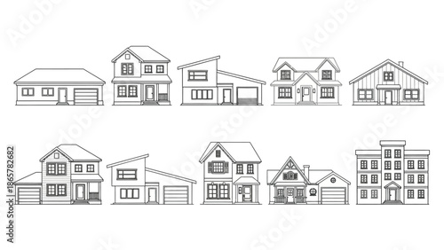 Line art illustration of various residential houses in a row