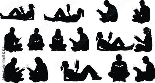 Twelve silhouettes of people reading books in seated and reclining positions, highlighting leisure, relaxation, education, and diverse lifestyle engagement