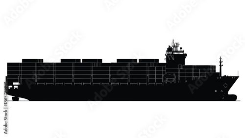 A silhouette of a large container ship against a plain white background