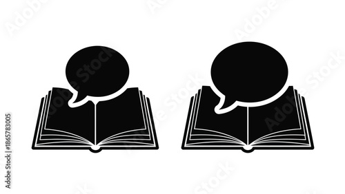 Two open books with speech bubbles above a simple black and white illustration
