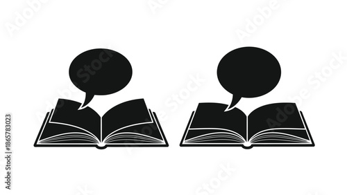Two open books with speech bubbles above representing dialogue and learning