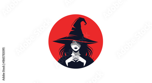 Mysterious and beautiful witch character with flowing hair and a pointy hat, depicted in a striking red circular logo design.