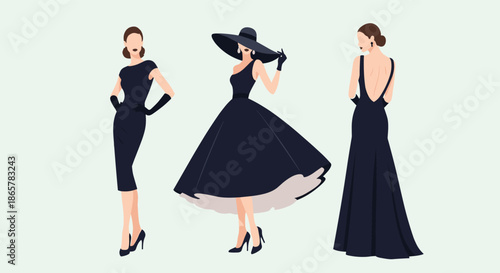 Collection of three elegant women in classic black dresses, showcasing timeless fashion and sophisticated retro glamour on a plain background.
