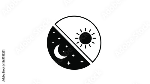 A simple black and white icon depicting the duality of day and night