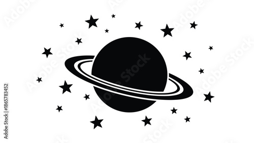 A simple graphic illustration of a planet with rings and surrounding stars