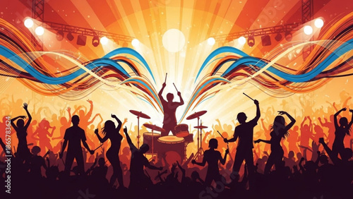 Silhouette of people dancing and playing music at a vibrant party with colorful lights and a drummer in the background at a lively with fun
