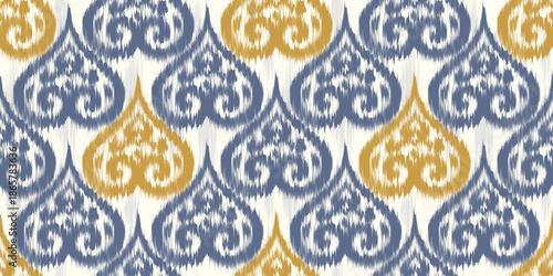 Ikat seamless pattern. Ethnic abstract vector design with hearts symbols on white background. Boho motif ornament on white background for textile. Retro orient decoration.