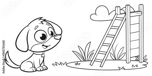 Cute cartoon puppy looking at a tall ladder line art