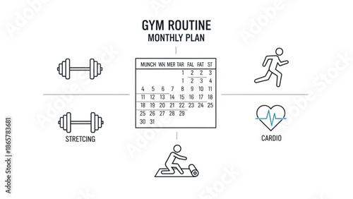 Gym routine monthly plan with stretching, cardio, and strength training exercises, a calendar for tracking progress and staying with fitness