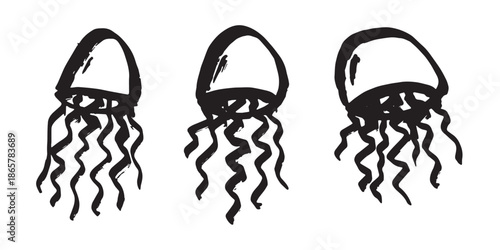 Set of hand drawn jellyfish doodle Sea animal illustration Cute marine underwater creature Medusa sketch clipart Single element for web, design, decor, children's print
