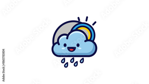 Cute Cartoon Cloud Raining with Sun Peeking Out.