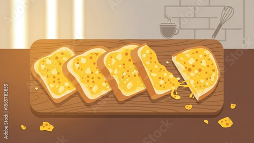 A rustic wooden cutting board with four slices of toasted bread smothered in melted cheese on a kitchen countertop with a cup with breakfast